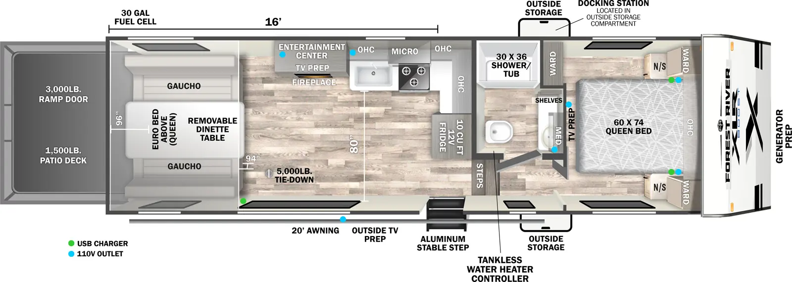 The XLR Boost 286B floorplan is a toy hauler that has one entry and zero slide outs. Exterior features include: fiberglass exterior, 20' awning and  outside entertainment. Interiors features include: front bedroom.